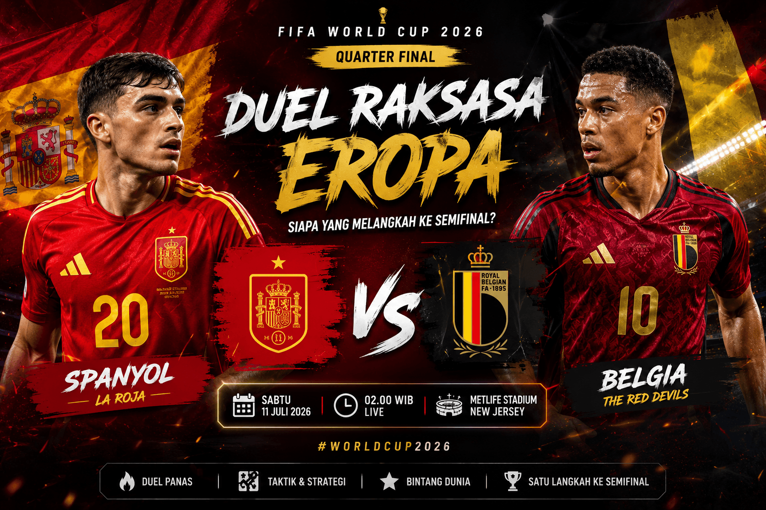 Spanyol vs Belgia: Duel Dua Raksasa Eropa Perebutkan Tiket Semifinal FIFA World Cup 2026