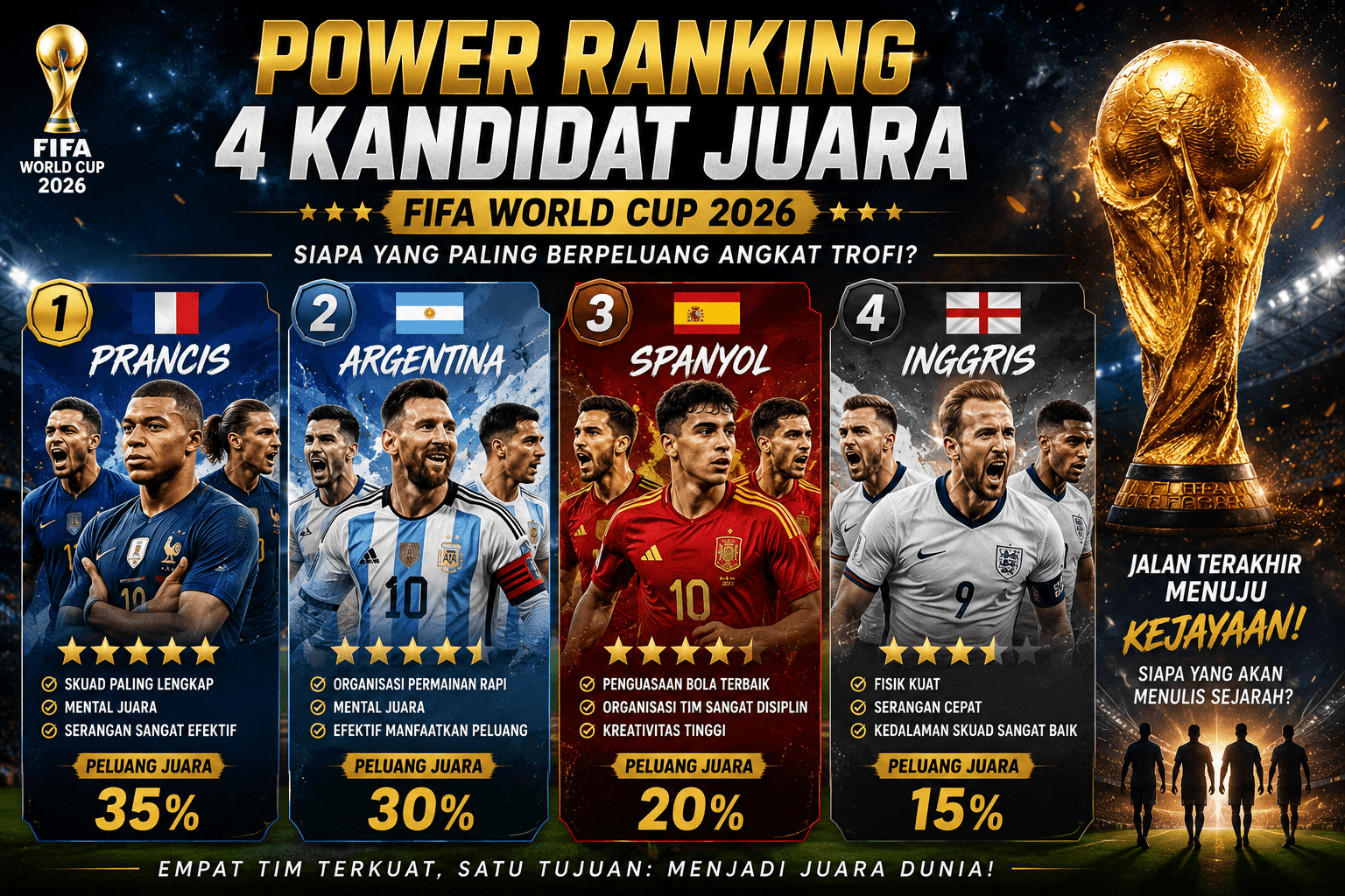 Power Ranking 4 Kandidat Juara FIFA World Cup 2026: Siapa Paling Berpeluang Angkat Trofi?