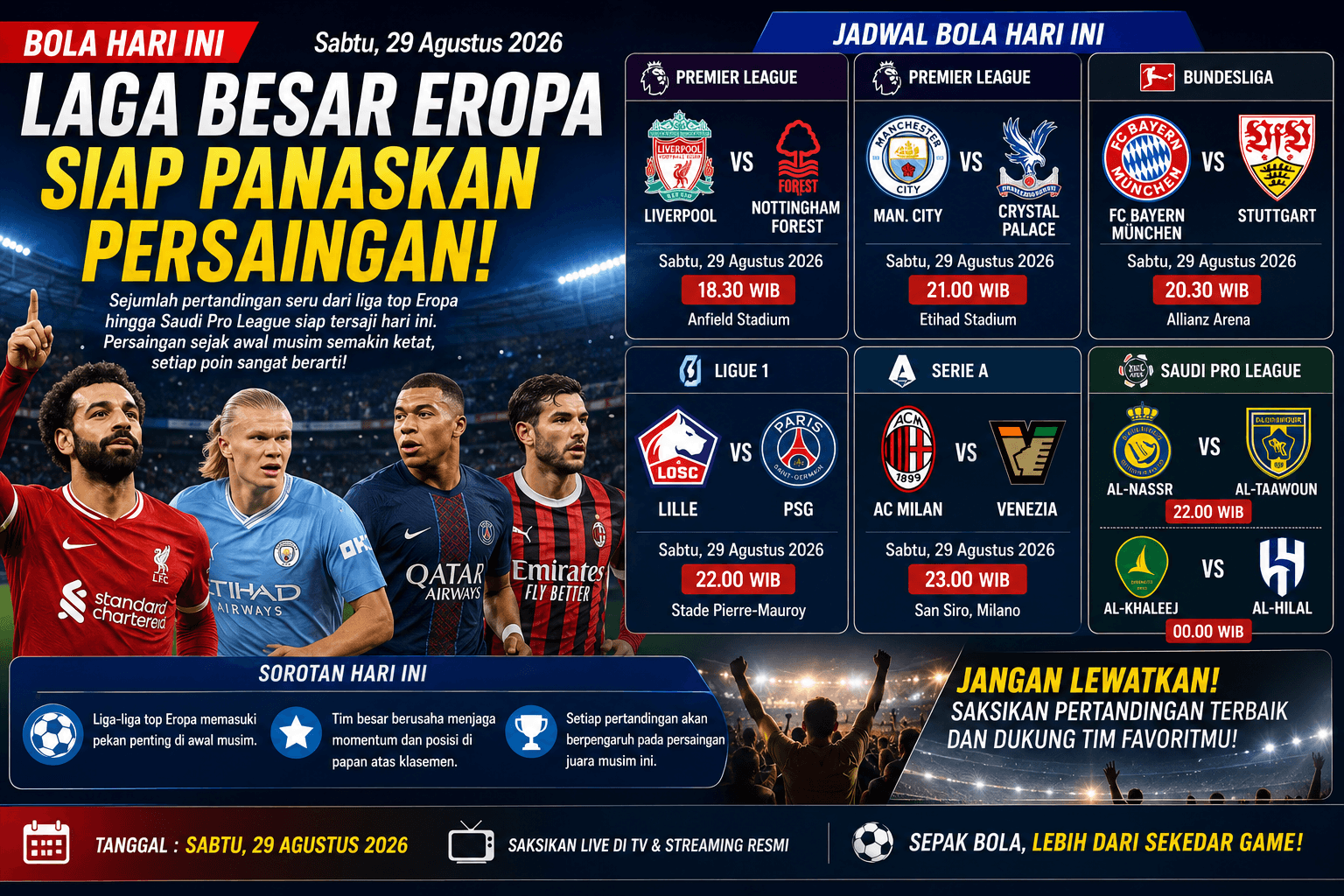 Jadwal Bola Hari Ini: Laga Besar Eropa Siap Panaskan Persaingan